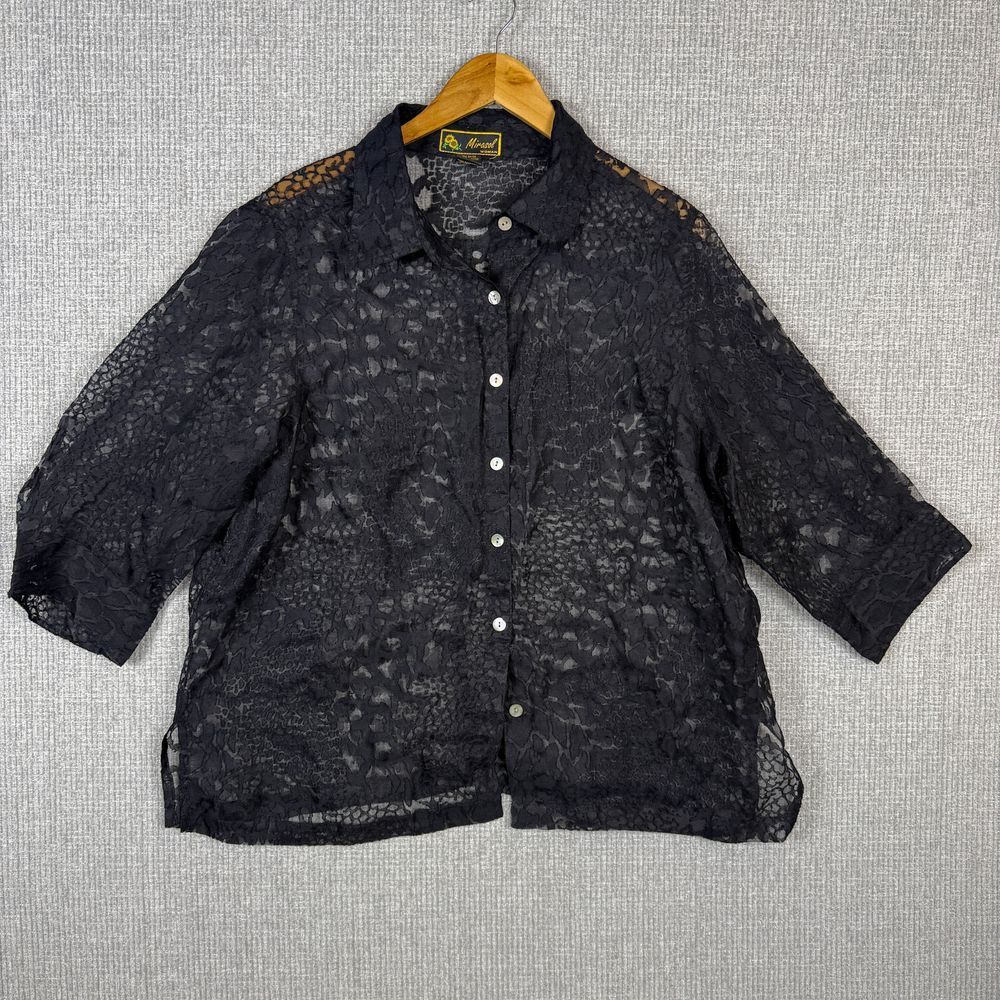 Mirasol Woman Black Lace Button Down Sheer Burnout Blouse 1X